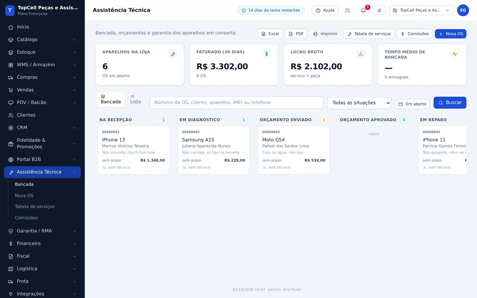 Quadro da bancada com as ordens de serviço em colunas: na recepção, em diagnóstico, orçamento enviado, em reparo.